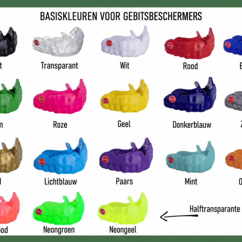 18 basiskleuren voor uw gebitsbeschermer met glitter