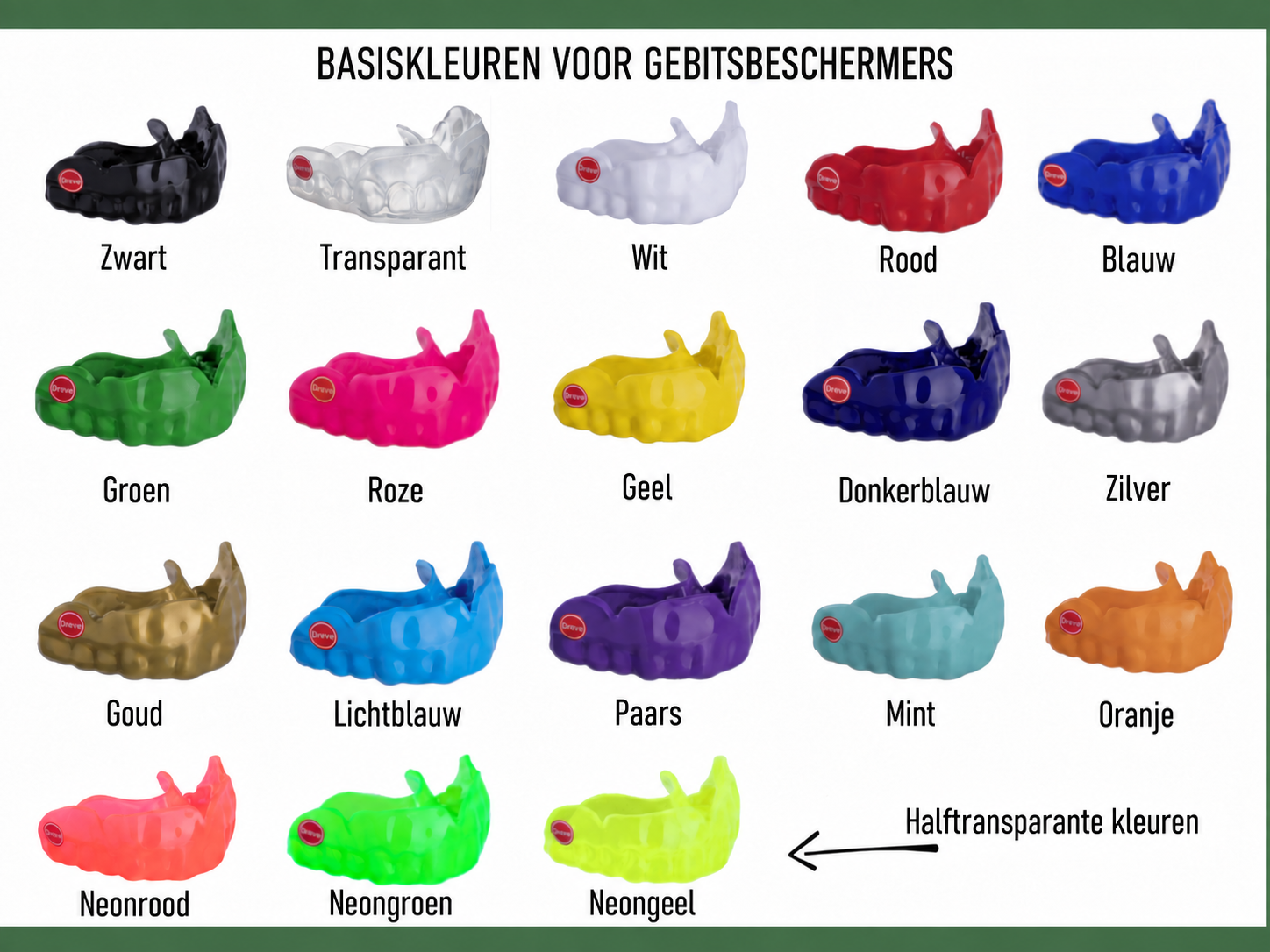 18 basiskleuren voor uw gebitsbeschermer met glitter