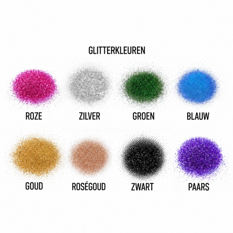 8 glitterkleuren: roze, zilver, groen, blauw, goud, roségoud, zwart en paars